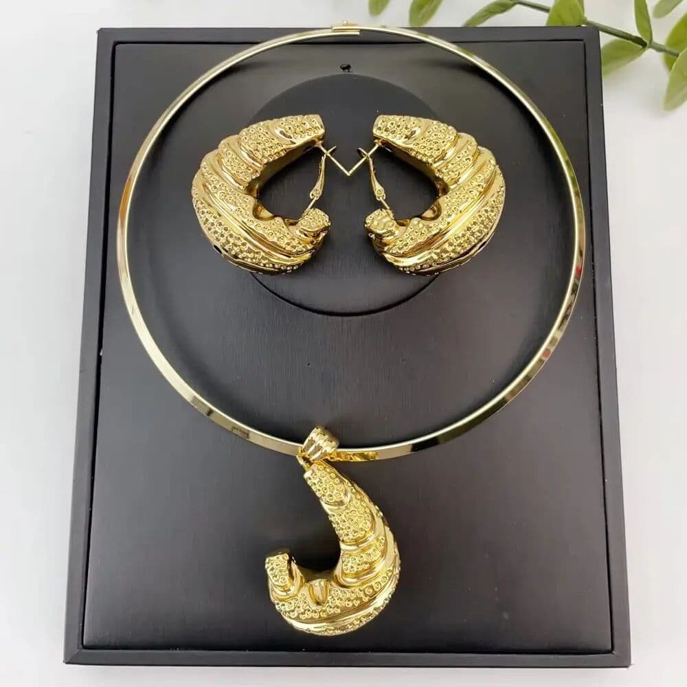 NONE Dubai Jewelry Set Irregular Design Hoop Earrings and Pendant 2PCS Set for Weddings Bridal Necklace Earrings Accessory FHK28800