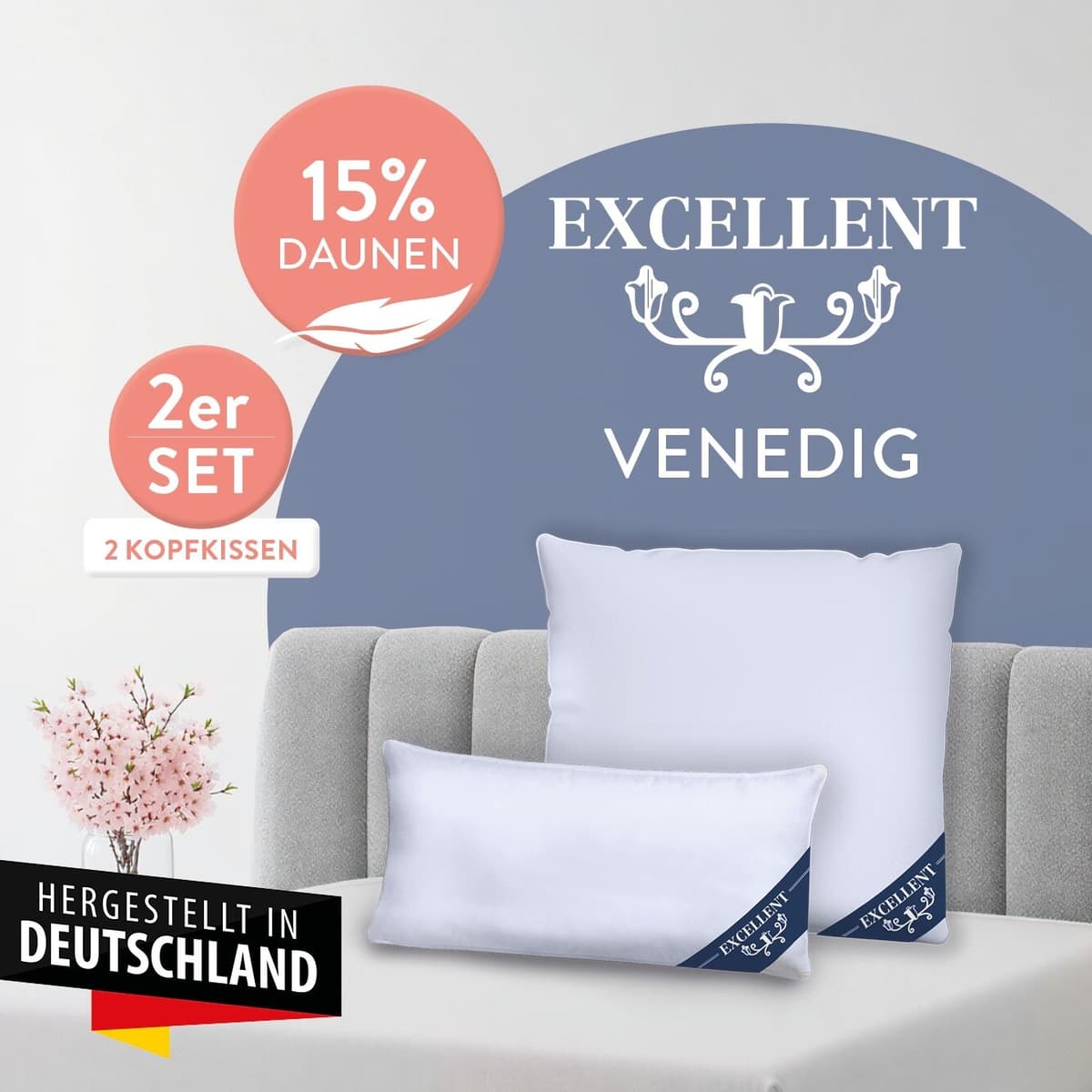 Kopfkissen EXCELLENT "Venedig, Kuschel- oder Kopfkissen 1-tlg. oder 2 -tlg., Daunen & Federn", weiss (weiß), B:40cm L:60cm, Bezug: 100% Baumwolle. Füllung: 85% Federn, 15% Daunen, Kopfkissen, Kopfkissen, Deko- oder Kopfkissen in vielen Grössen weiß B/H/L: