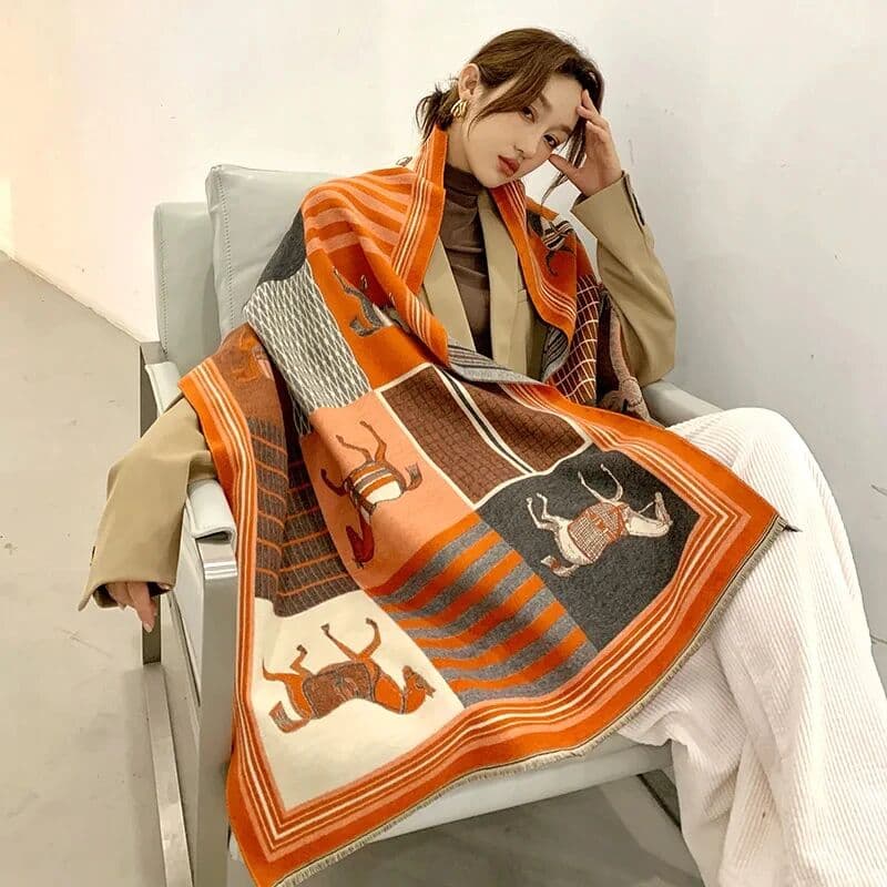 HYKMAIYW 2024  Luxury Winter Cashmere Scarf Women Design Warm Pashmina Blanket Horse Scarves Female Shawl Wraps Thick Foulard Bufanda