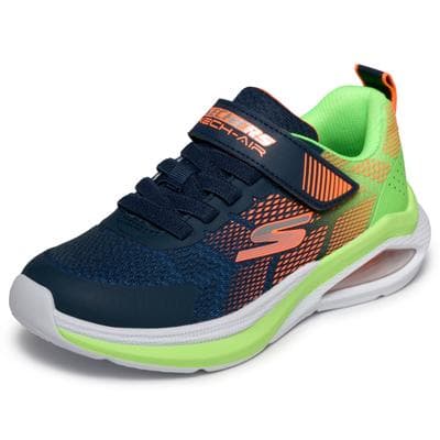 Sneaker SKECHERS "MICROSPEC MAX VELOCITY", Mädchen, Gr. 35, blau (navy, limette), Lederimitat, Schuhe Sneaker, Klettschuh, Freizeitschuh, Grössenschablone zum Download