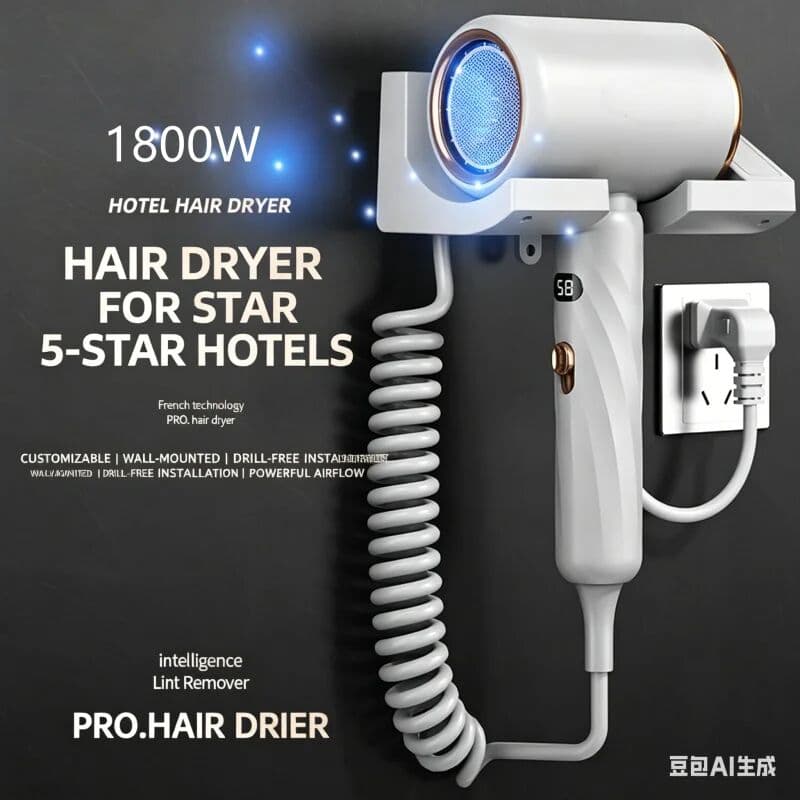 XMSJ 2026 Hotel Specific Hair Dryer, High-Speed Silent, Negative Ion Digital Display, No Drilling, Wall Mounted Bathroom, Toilet