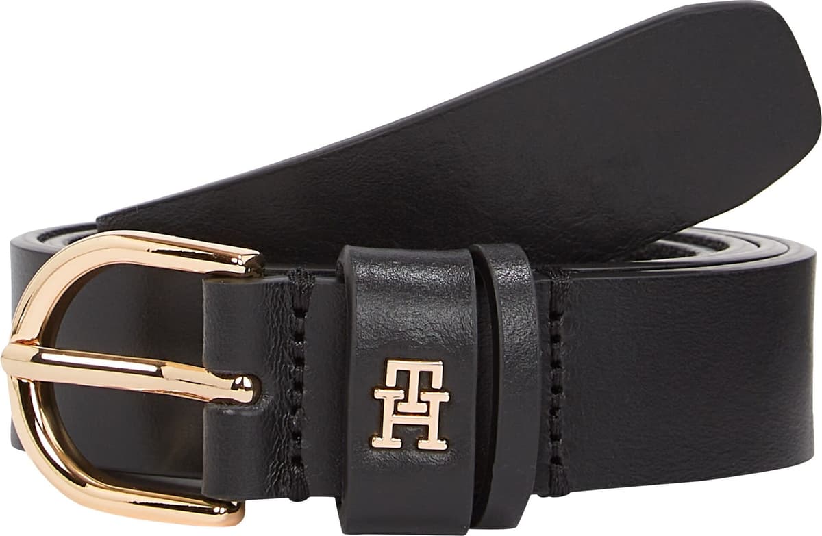Ledergürtel TOMMY HILFIGER "ESSENTIAL EFFORTLESS 2.5 cm breit GOLD", Damen, Gr. 80, schwarz, Rindsleder, unifarben, Gürtel Ledergürtel, Logoemblem, weiche Haptik, ovale Einfachdornschliesse schwarz 80