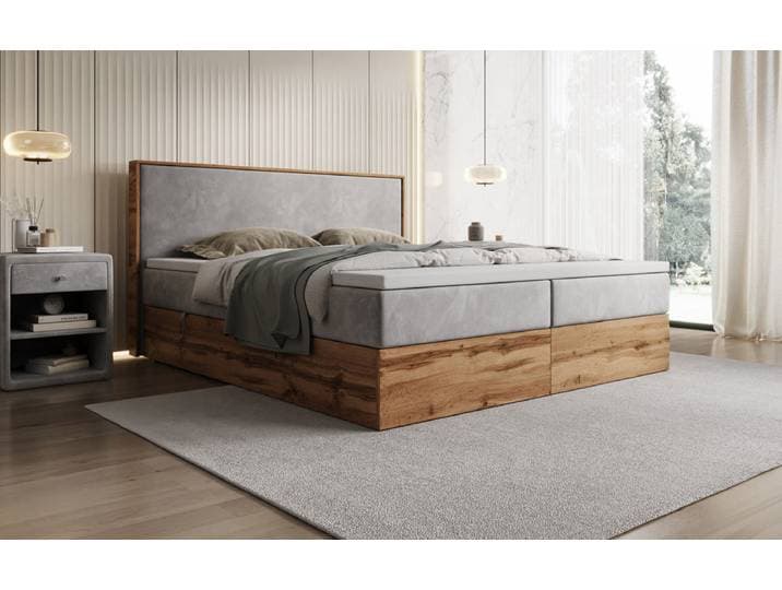 Boxspringbett Timber mit Stauraum in Samt - 140x200 - Hellgrau - H4 (100kg+) - Luxusbetten24
