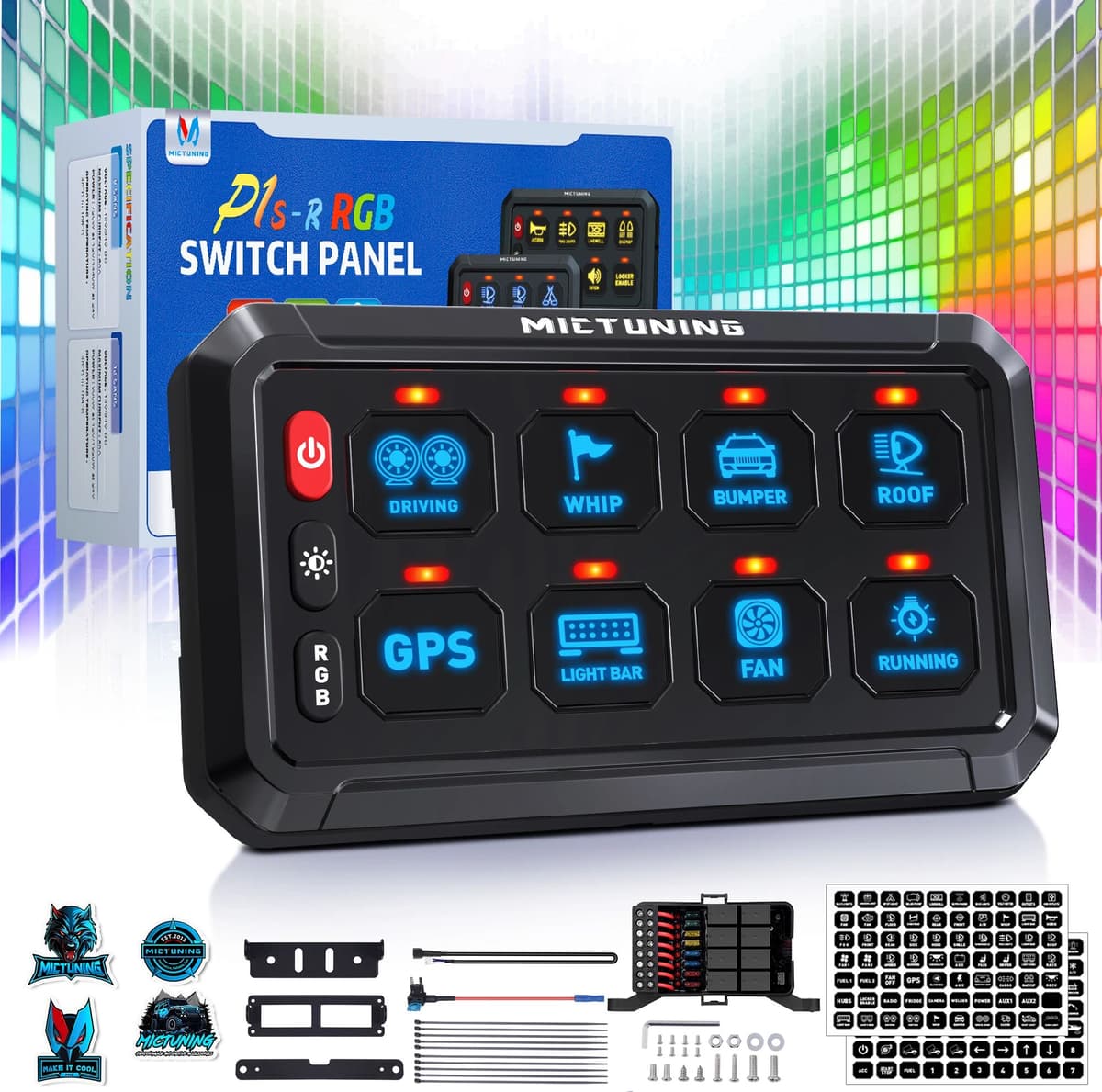 MICTUNING 8 Gang Switch Panel P1s-R,  On-Off Toggle Switch Momentary Circuit Control Relay System Box Universal Pod Touch for Truck SUV