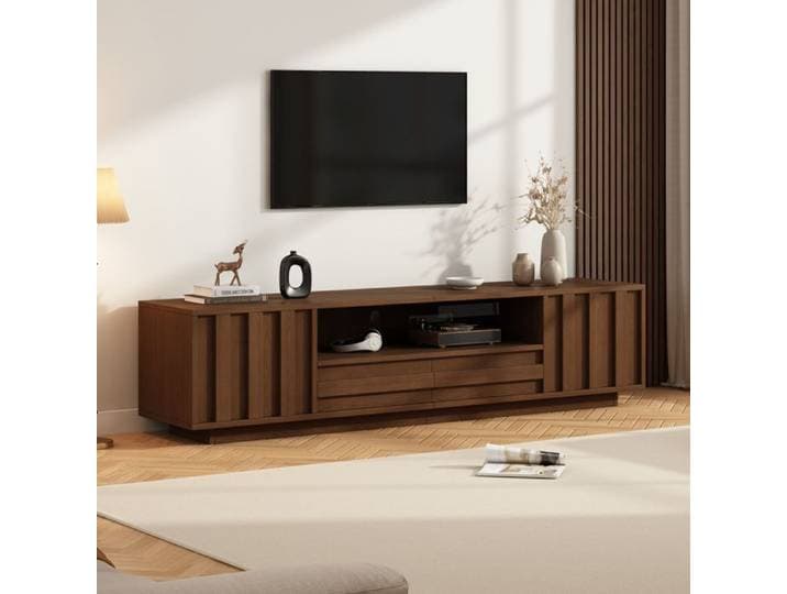 Meuble TV en MDF de 180 x 40 x 45 cm finition noyer avec motif en relief 3D 2 tiroirs et 2 portes adapté au salon ou à l'entrée