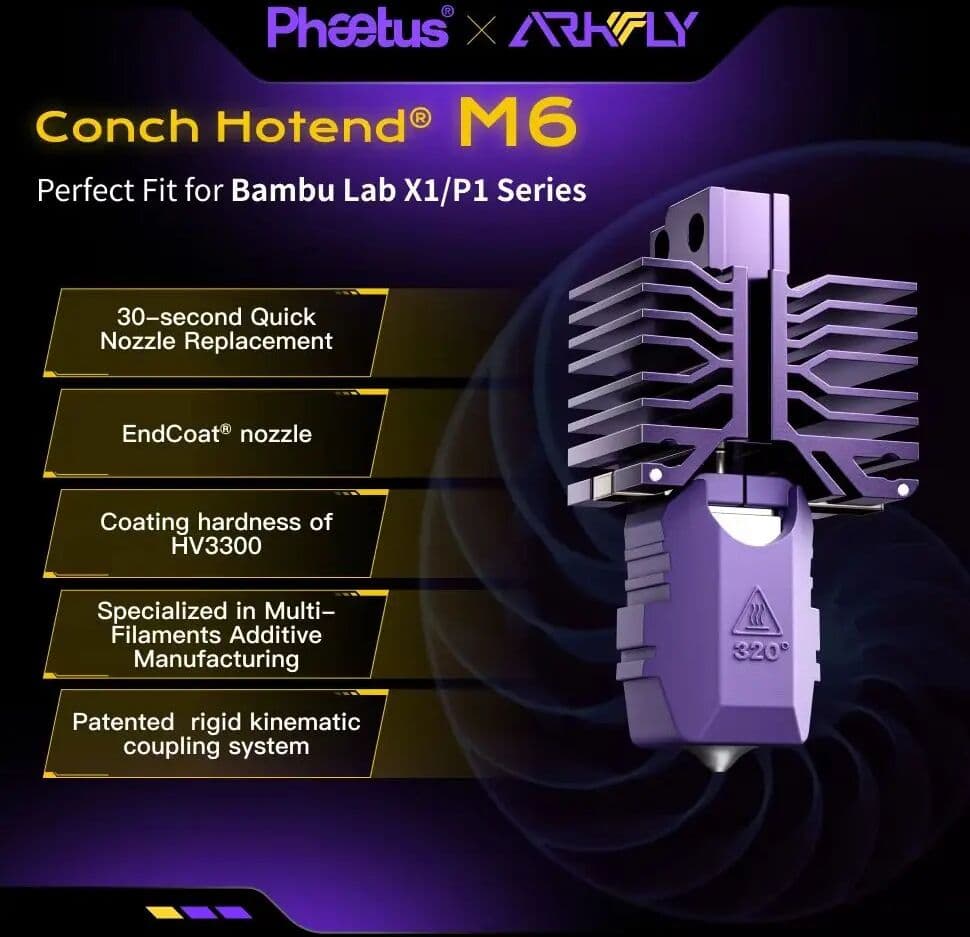 Phaetus ×Arkfly est Conch Hotend M6 Plus EndCoat Sic Nozzle Detachable Bambu Lab X1 And P1 Series 3D Printer