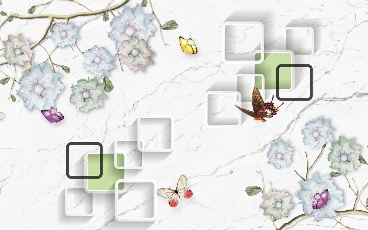 Fototapete PAPERMOON "Muster mit Blumen und Schmetterlingen", bunt, B:4,5m L:2,8m, Vlies, Tapeten, Fototapete bunt B/L: 4,5m x 2,8m, Bahnen: 9 Stk.