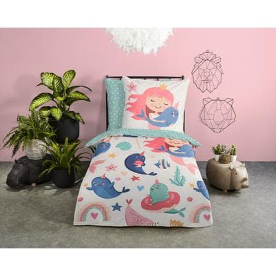 Kinderbettwäsche GOOD MORNING "Silvie", türkis, B/L: 135cm x 200cm, 1 Stk., 1 Stk., Renforcé, B/L: 80cm x 80cm, 2, Renforcé, Obermaterial: 100% Baumwolle, Bettwäsche, Baumwolle, Renforcé, Wendeoptik, Kind, Baby, Meerjungfrau