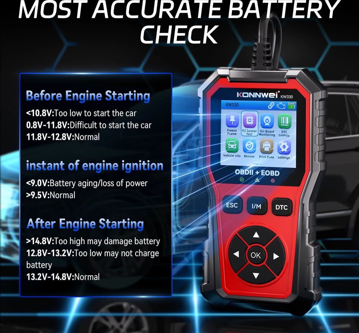 2026 KONNWEI KW330 Car OBD2 Fault Scanner Engine Battery Test  Fault Code Clear Real-Time Data Professional OBD Inspection Tool