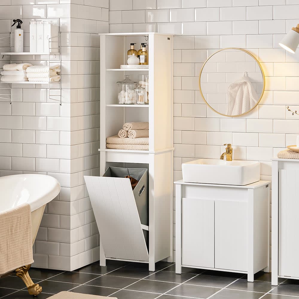 SoBuy Armario alto de baño con 3 estantes y 1 cesto mdf blanco