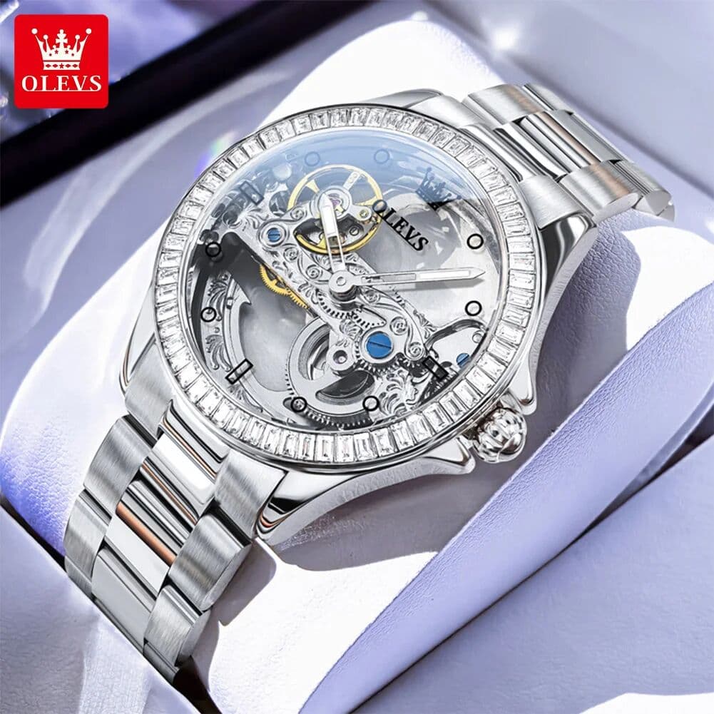 OLEVS 6699 Automatic Mechanical Women's Watch Transparent 40mm Big Dial Design Bracelet Watch Set Gift Luxury Watch for Women
