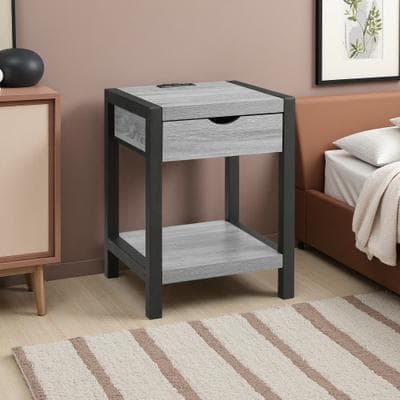 ZWYO HOSIMU "24""H 2-Tier Nightstand with Storage Drawer & USB Port, Laminate & Metal Frame, Contemporary Design Ideal for Bedroom"