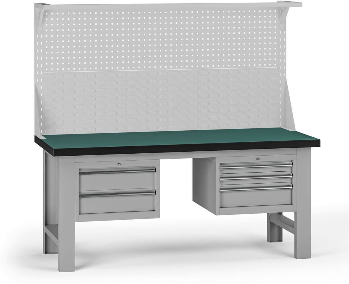 B2B Partner Stół warsztatowy G8 z panelem, 1800 x 750 x 800 mm, 2x kontener, 5x szuflada, szary