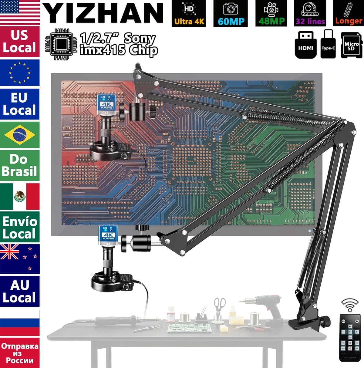 KUAIQU 4K Electronic Microscope For Soldering, 60MP HDMI USB Digital Camera With 1/2.7' HD IMX415 Sensor, 150X Lens Video Microscope