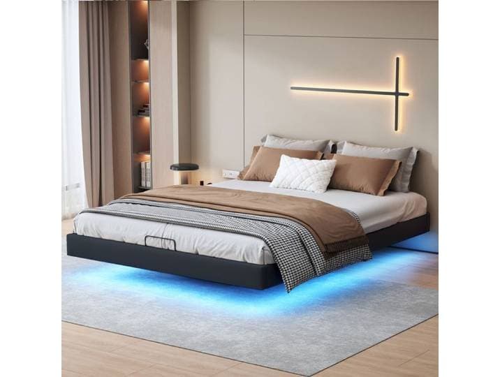 Lit 2 places 160x200 avec rangement sans Tête de Lit sommier à lattes intégré éclairage LED PU noir Literie design