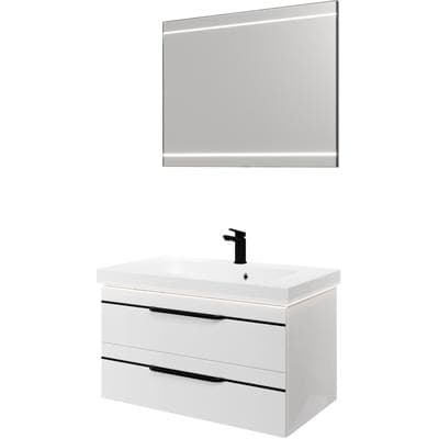 Badmöbel-Set SAPHIR "Balto 2-teilig Mineralmarmor-Waschtisch mit LED-Spiegel, Waschplatz", weiß (weiß hochglanz mit schwarzer einlage), B:92cm H:200cm T:50,8cm, Holzwerkstoff, Kastenmöbel-Sets, Badmöbel-Set, 92 cm breit, mit 2 Schubladen, Badschrank...