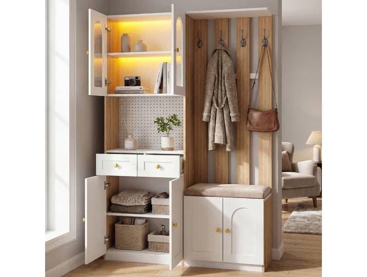 Armoire 180x120x30cm avec banc et éclairage LED, meuble à chaussures pour couloir avec panneau mural en ardoise, conception à montage latéral librement réversible, armoire de rangement moderne blanche