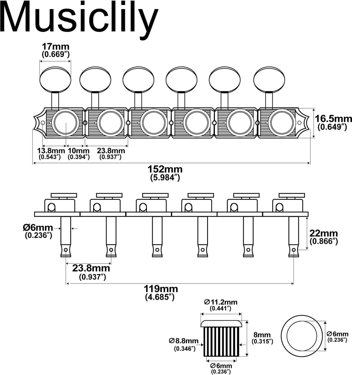 Musiclily Pro R18T 6-in-line 18:1 Ratio Semi Closed Vintage Hybrid Locking Machine Heads Tuners for Fender Squier ST TL Guitar