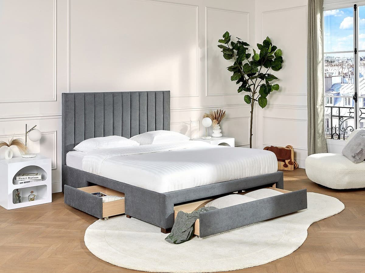 Vente-unique Bed met 3 lades - 160 x 200 cm - Stoffen bekleding - Grijs - LIAKO