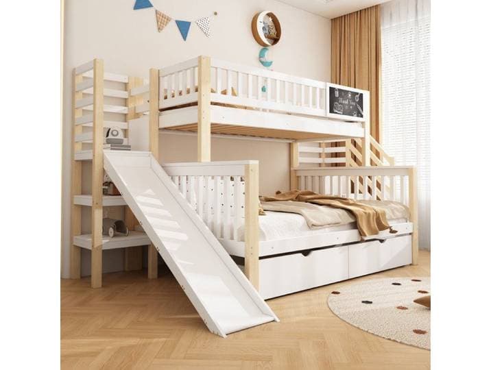 Lit cabane enfant 2 places bois massif blanc avec rangements échelle et toboggan dimensions 90x200 et 140x200 cm