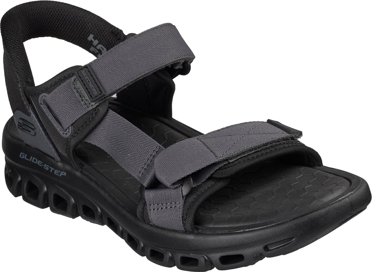 Trekkingsandale SKECHERS "GLIDE STEP SANDAL - DOVAH", Herren, Gr. 44, Textil, schwarz, Lederimitat, Textil, Schuhe Trekkingsandale, Outdoorsandale, Klettschuh, Sommerschuh mit Memory Foam schwarz 44, Textil