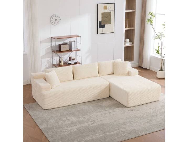 Canapé Compressé 4 pl. en Chenille Rayé Ivoire Confortable - Canapé d'angle avec 5 coussins et Rembourrage épais en Mousse HR