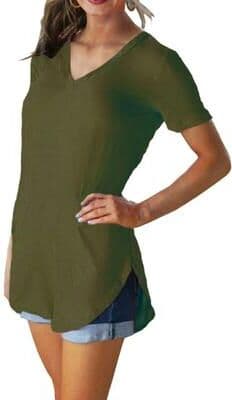 Uplift Essentials Summer Solid Color V Neck Short Sleeve Loose Hem Arc Blouse For Women s army Green