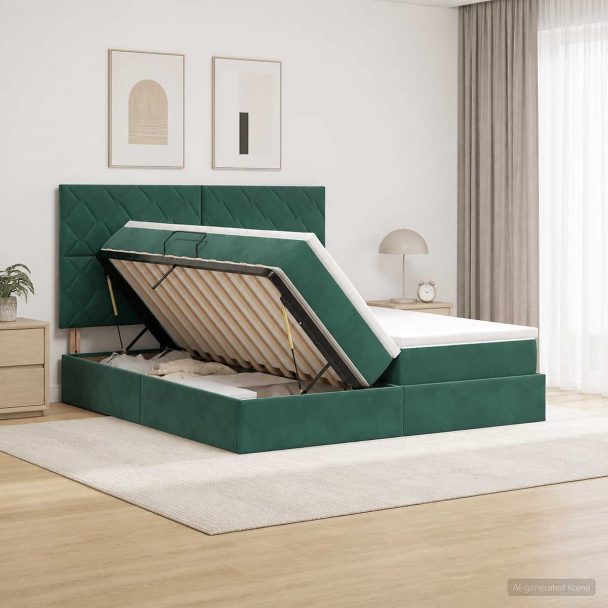 vidaXL Lit de rangement LED avec matelas Vert foncé 200 x 200 cm