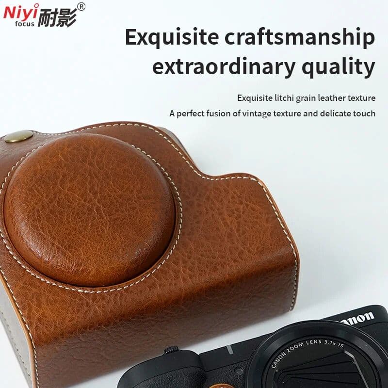 NiYi For Canon Powershot V1 R50V Camera Bag Lychee Pattern Retro Leather Base with Detachable Shoulder Strap Body Base Protector