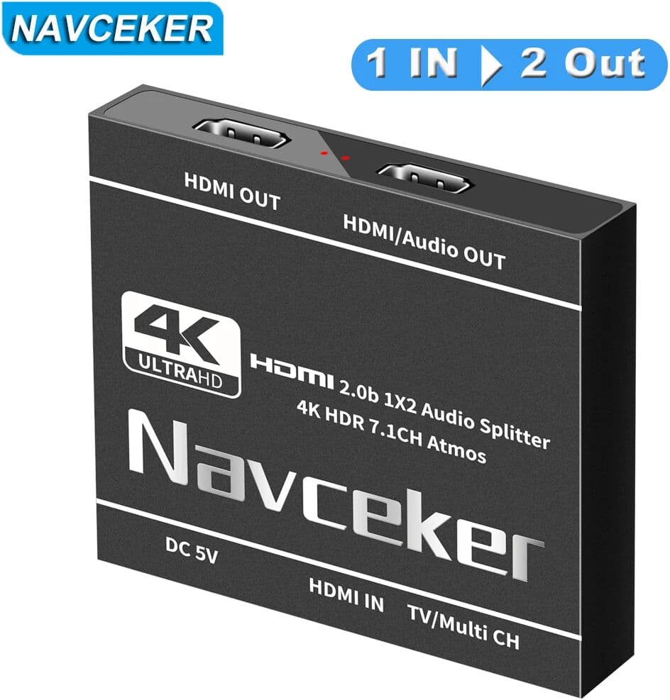 Navceker 2026 Best HDMI Audio Extractor 4K 60Hz HDMI 2.0 Splitter 1 in 2 out 7.1 CH HDMI Audio Converter Amplifier for PS5 Xbox Series X
