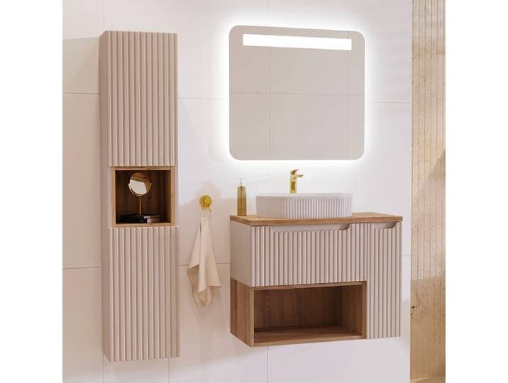 Ensemble meuble simple vasque 80cm niche et colonne Riva Cachemire et Bois