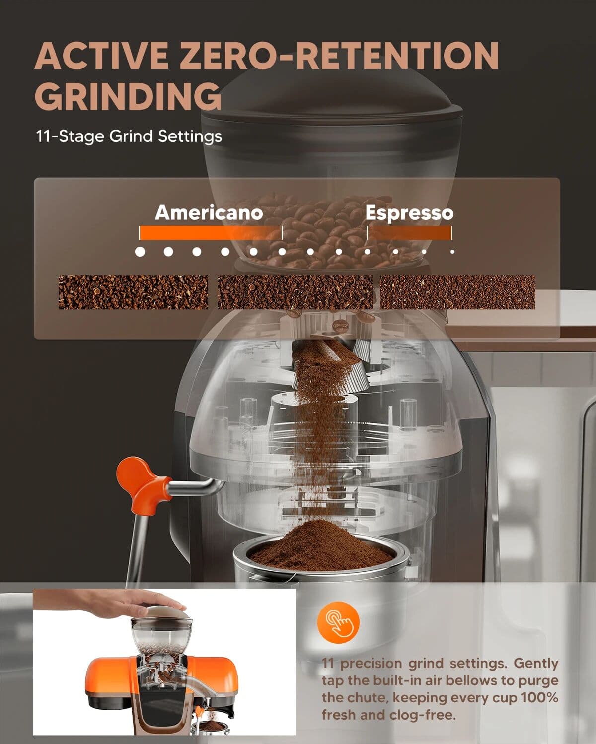 Belr-Housewares i Cafilas Semi-Automatic Espresso Machine with Grinder & Steam Wand,Orange   20-Bar,11 grind settings,Compact For home＆office