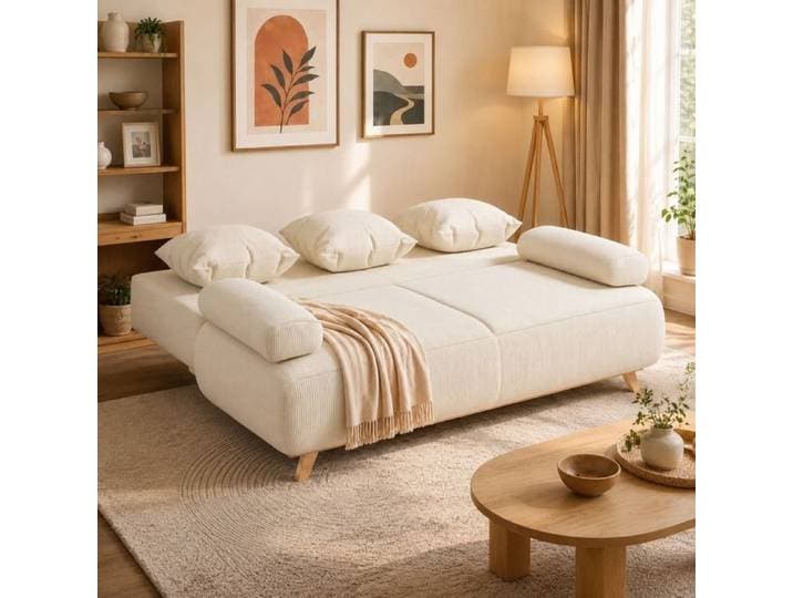 Canapé-lit 3 places convertible beige velours côtelé dossier réglable coffre de rangement caché surface 140 x 188 cm 240 kg