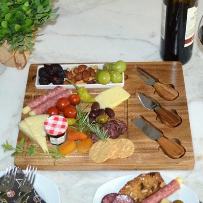Picnic at Ascot "NCAA Georgia Tech Yellow Jackets Premium Acacia Charcuterie Board Set with Ceramic tray & Cheese Tools - 13"" x 11"""