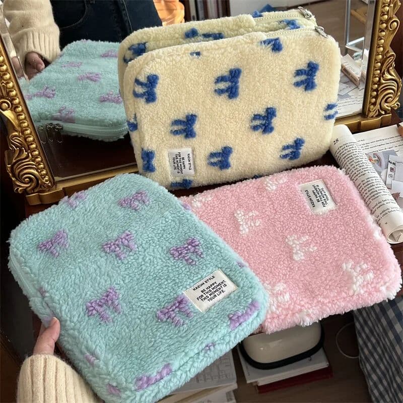 NONE Korean Plush Bow Tablets Case for Ipad Xiaomi 11/13 Inch Laptop Bag for MacBook Air Pro Cute Ins Style Protective Tablet Bag