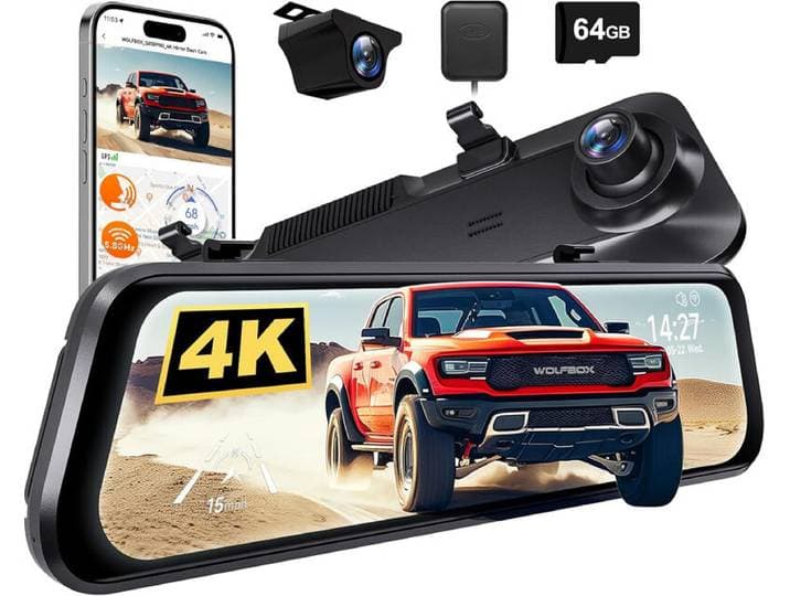 WOLFBOX G850 PRO 4K spiegel-dashcam met ADAS en BSD, slimme achteruitkijkspiegel met 5,8 GHz wifi, spraakbesturing, 12-inch camera, inclusief 64 GB SD-kaart, GPS, G-sensor, lusopname