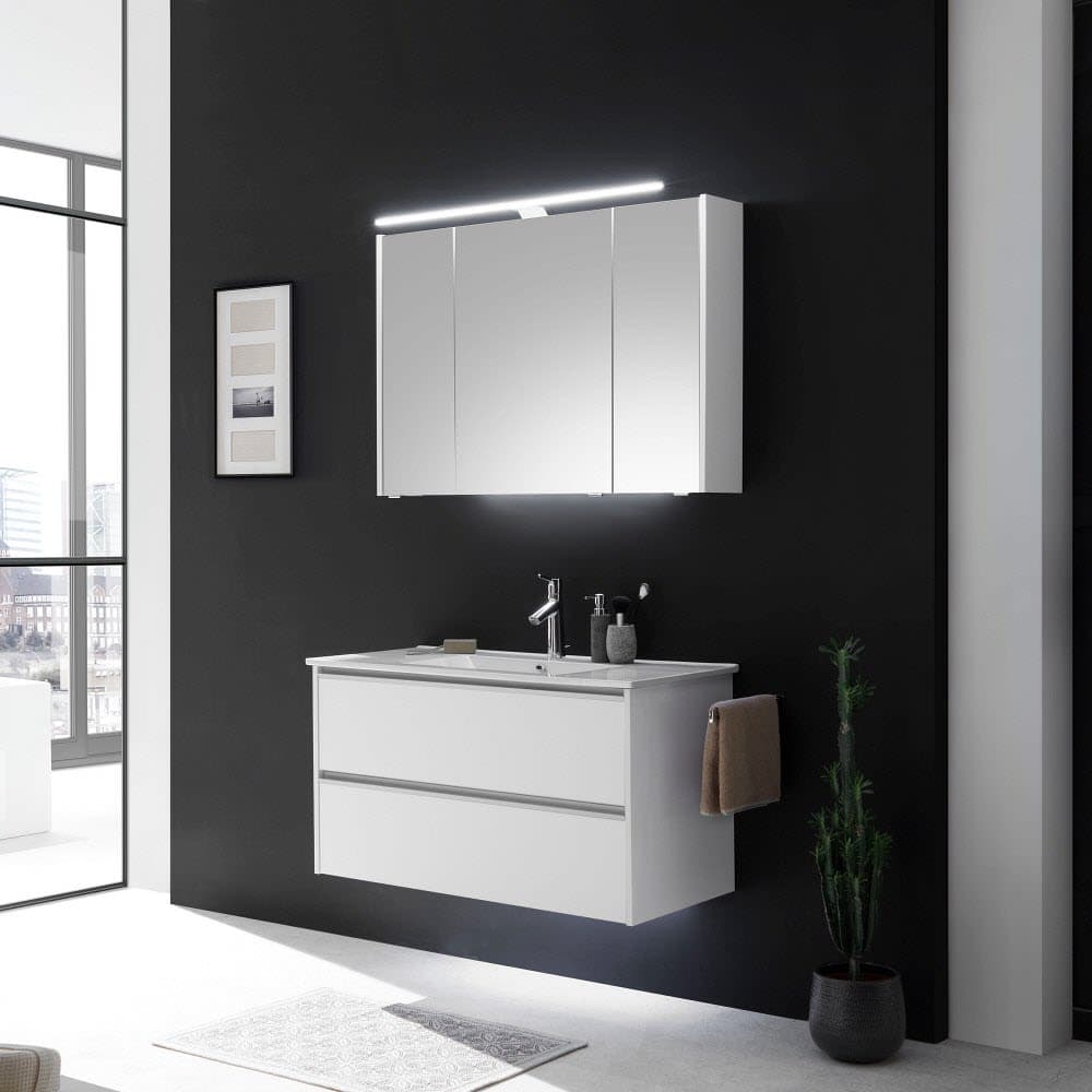 Pelipal Serie 6040 Spiegelschrank 103,2 cm mit LED Aufsatzleuchte 90 cm, Waschplatzbeleuchtung, Badmöbel, SENE00110-K723+ZALAUF90+ZWP00265E, oxid dunkelgrau quer