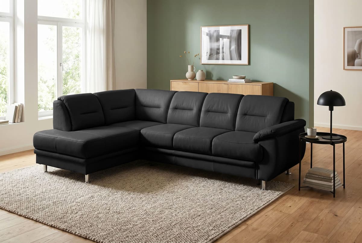 Ecksofa SIT & MORE "Mailand L-Form, B: 250 cm, Komfortsitzhöhe 46 cm", schwarz, B:250cm H:85cm T:164cm, Luxus-Kunstleder;Kunstleder Softlux;NaturLEDER (echtes Rindleder)/Korpus passendes Kunstleder Softlux;Luxus-Microfaser Altara Nubuck (100% Polyester), 
