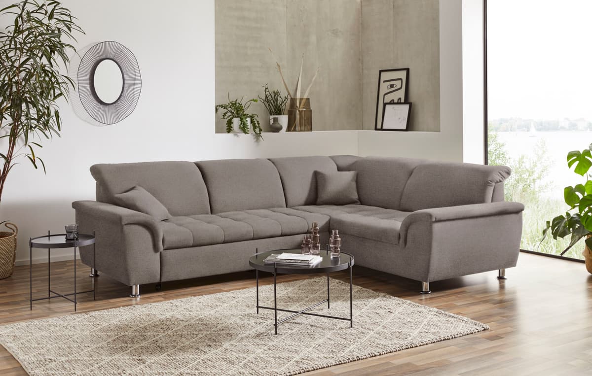 Ecksofa DOMO COLLECTION "FRANZI zeitlos und elegant, moderne Sitzheftung, L-Form", grau (stone), B:267cm H:81cm T:214cm, Sofas, Ecksofa, wahlweise mit Kopfteilverstellung (dann Breite: 275 cm) stone B/H/T: 267cm x 81cm x 214cm, Struktur fein, langer Schen