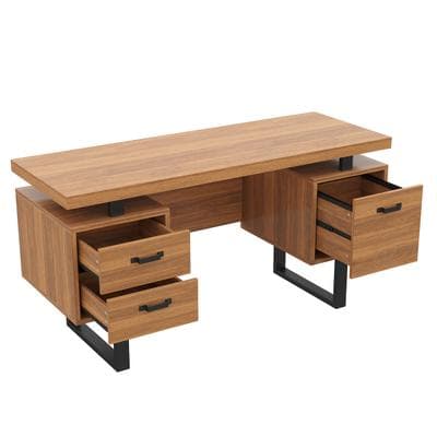 Merax Schreibtisch 135 x 54 x 76 cm mit 2 Schubladen, Hängeregisterfach und stabilem Stahlgestell, Walnussfarben