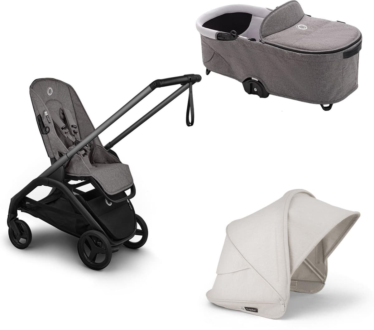 Bugaboo Carro de bebé Dragonfly Plus base grafito, capota blanca y capazo gris.  niño