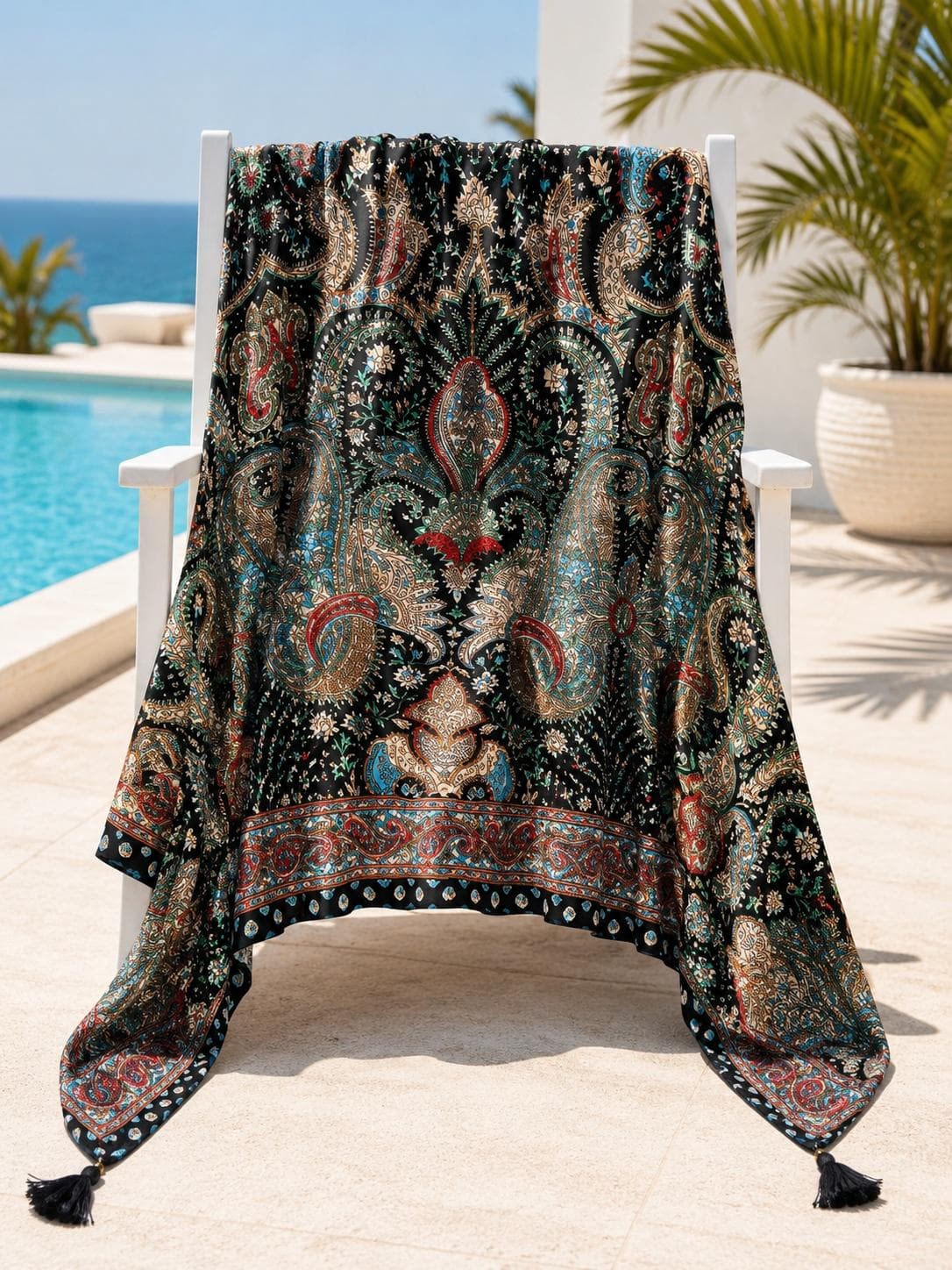 Catrinabycriss Pareo seda estampado grande, Negro