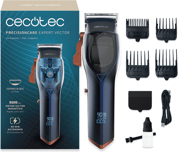 Cortapelos - Cecotec PrecisionCare Expert Vector Elite, Motor vector magnético 9200 rpm, Cuchilla DLC, 90 min de autonomía, 4 peines, Azul