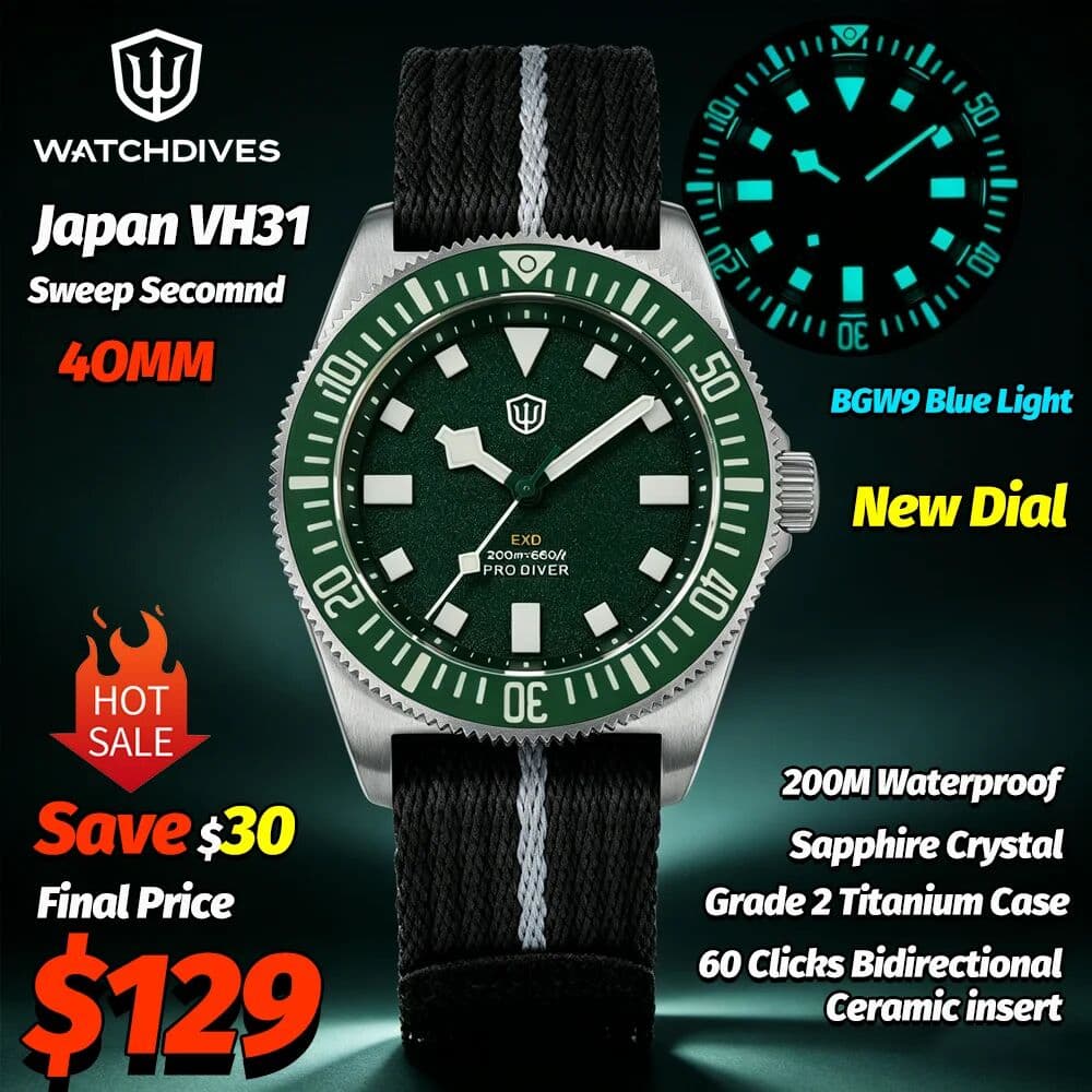 Watchdives EXD 40 Titanium Dive Watch Retro Green VH31 Quartz Watches 200M Waterproof AR Sapphire 60 Clicks Ceramic Bezel Lumes
