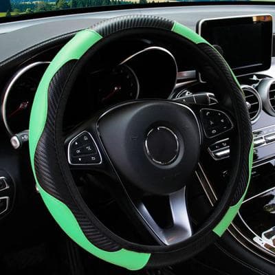 Inspired Living Carbon Fiber PU Leather Steering Wheel Cover With Anti Slip Grip For 14.5 To 15 Inch Wheels green