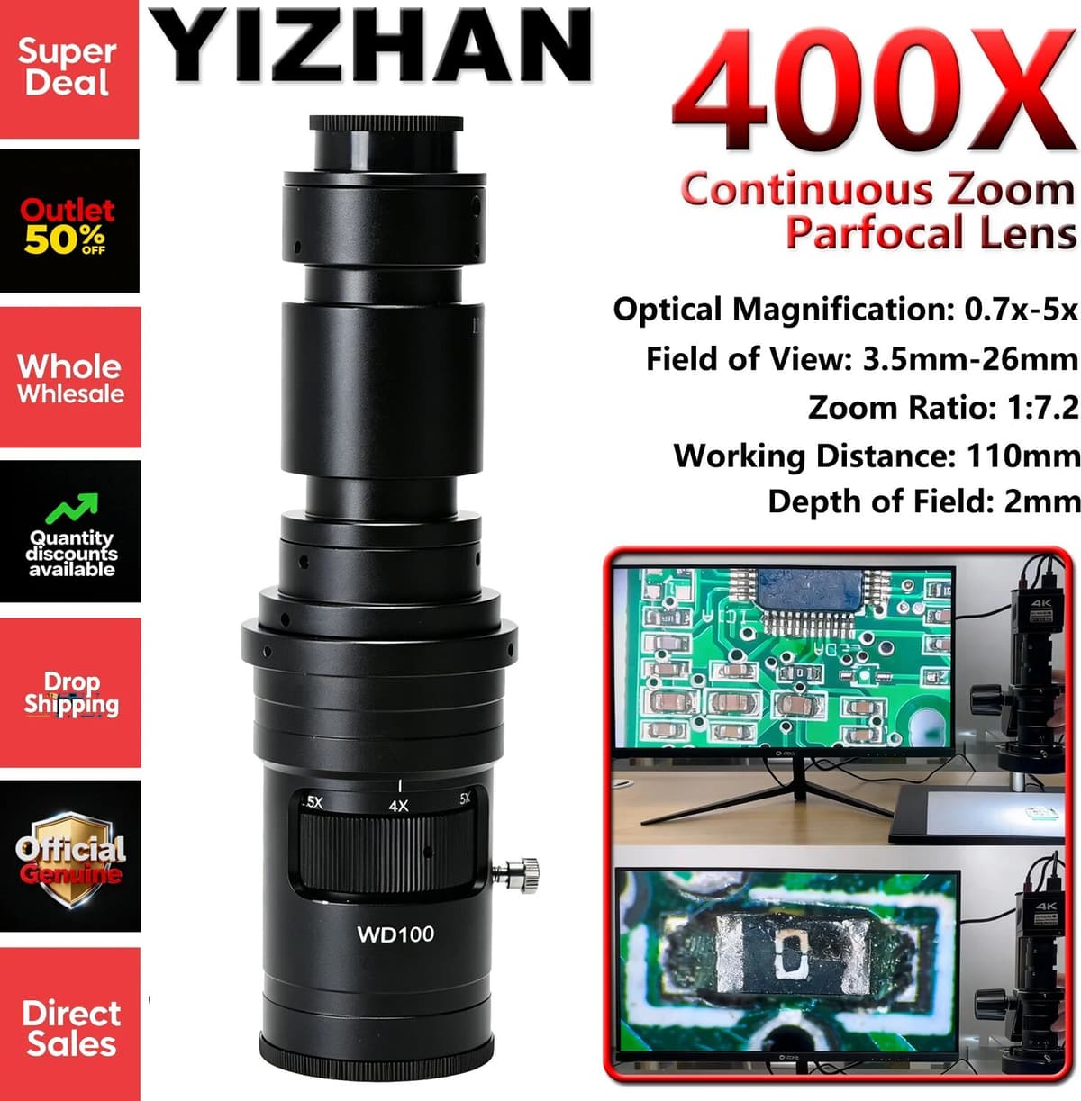 KUAIQU High-Definition Parfocal Industrial Microscope Camera Lens, 0.7x To 5x Lockable Magnification Adjustment, 400X Optical Zoom