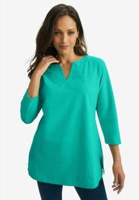 Plus Size Women's Stretch Cotton Notch Neck Tunic by Jessica London in Aqua Sea (Size M)