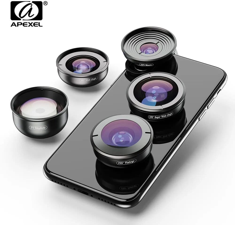 APEXEL 5in1 Mobile Phone Lens Case Kit Photography HD Fisheye Super Wide Angle 4K Macro Telescope Lens Set for Samsung iPhone
