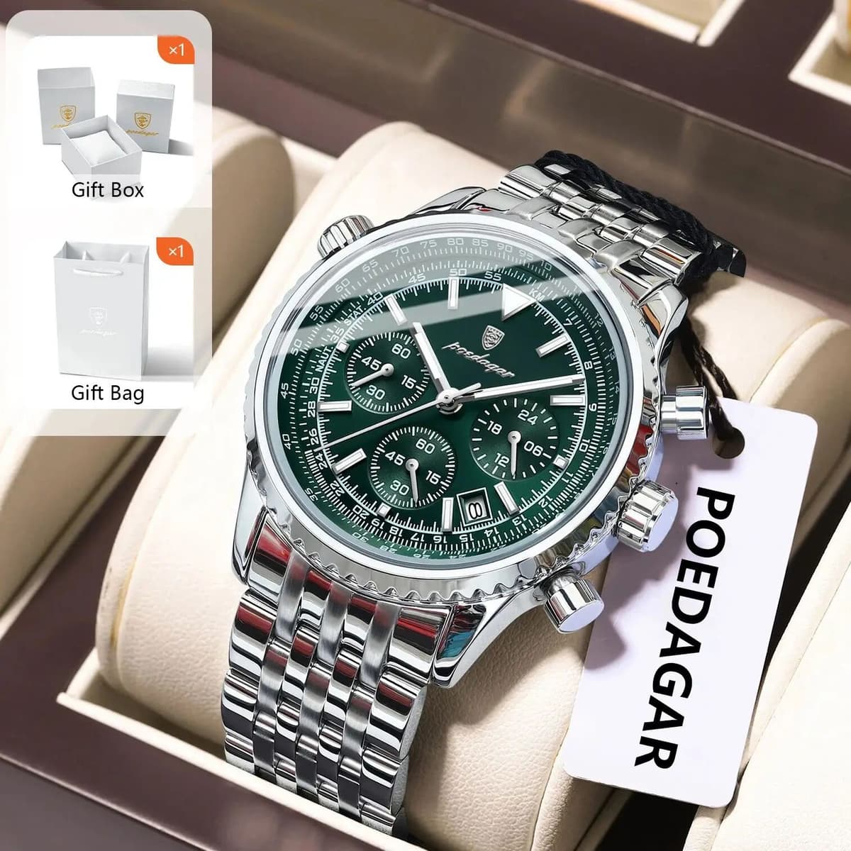 POEDAGAR Luxury Sport Men Watch Stainless Steel Chronograph Date Man Watch Waterproof Luminous Military Men's Quartz Watches+Box