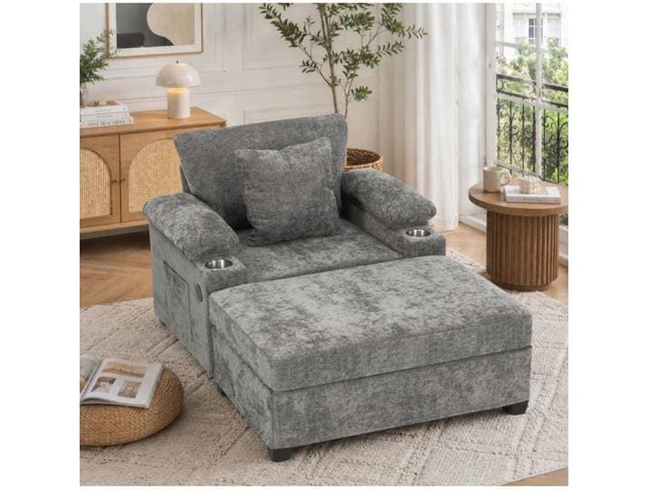 MEUVYX Fauteuil Convertible 1 Place avec Repose-pieds Pivotant USB Rangement et Porte-gobelets en Chenille Gris